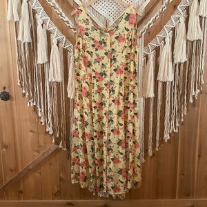 Koret Yellow Pink Roses Button Down Sleeveless Dress Size L